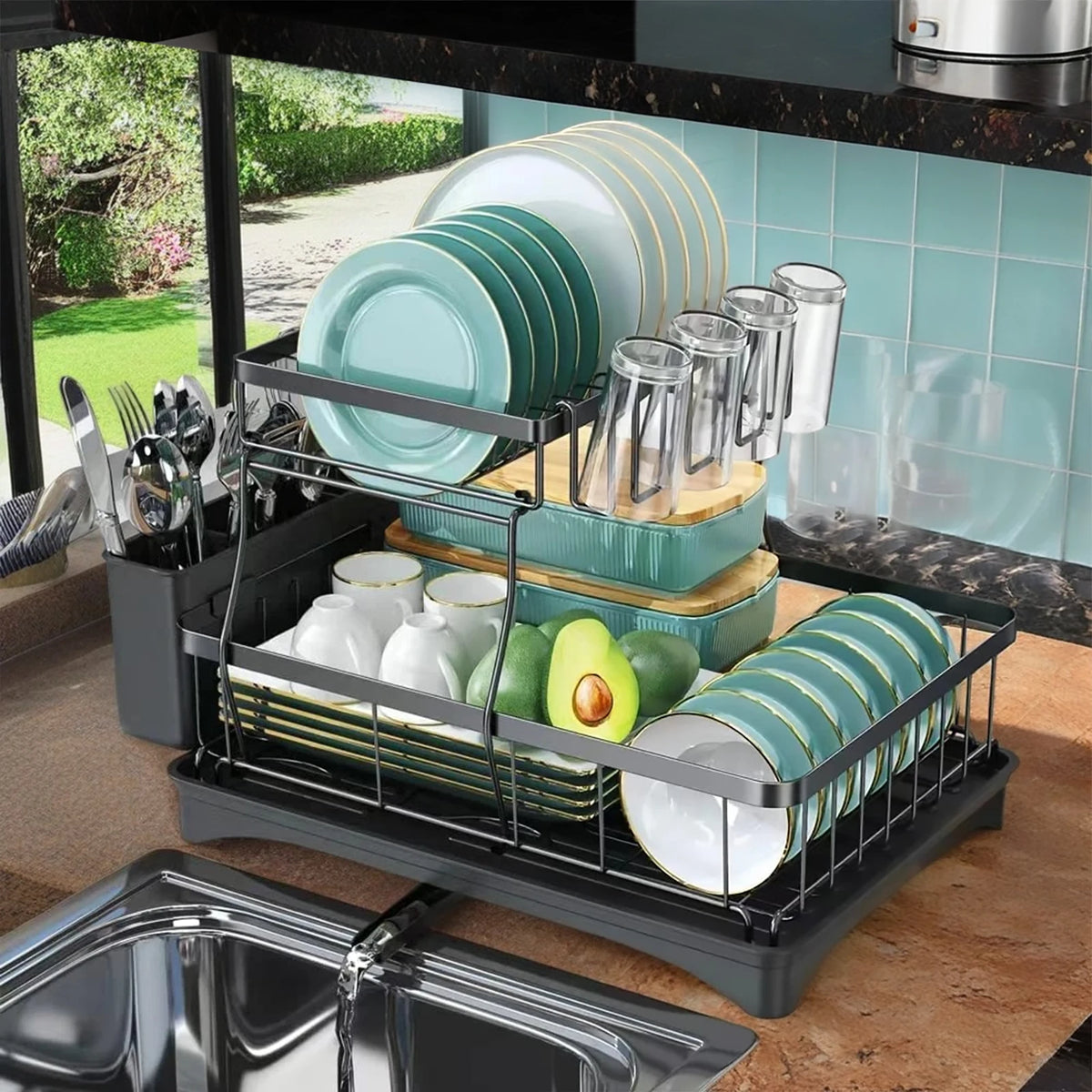 Kitchen Storage Rack, 2 Tier Dish Drainer with Drip Tray and Drainer Mat,with Utensil Holder, Swivel Spout, Draining Board