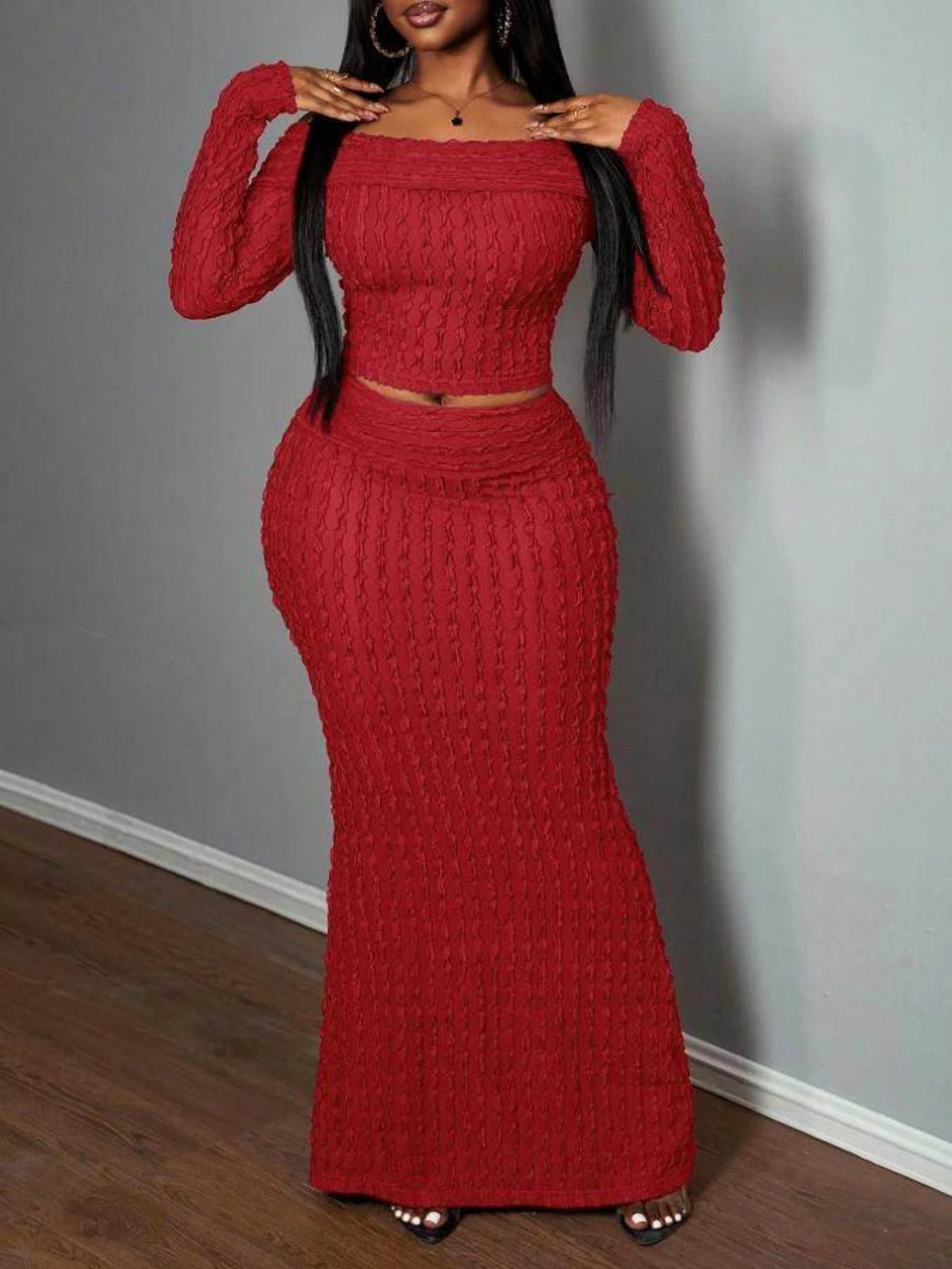 Off Shoulder Crop Top Mermaid Maxi Skirt Matching Set