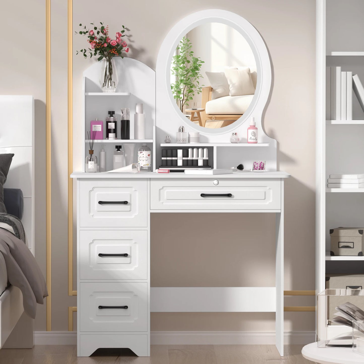 Modern Makeup Vanity Table with Mirror & Lights, Extra Storage Shelves, 4-Drawer Dressing Table, Cosmetic Desk with Organizer