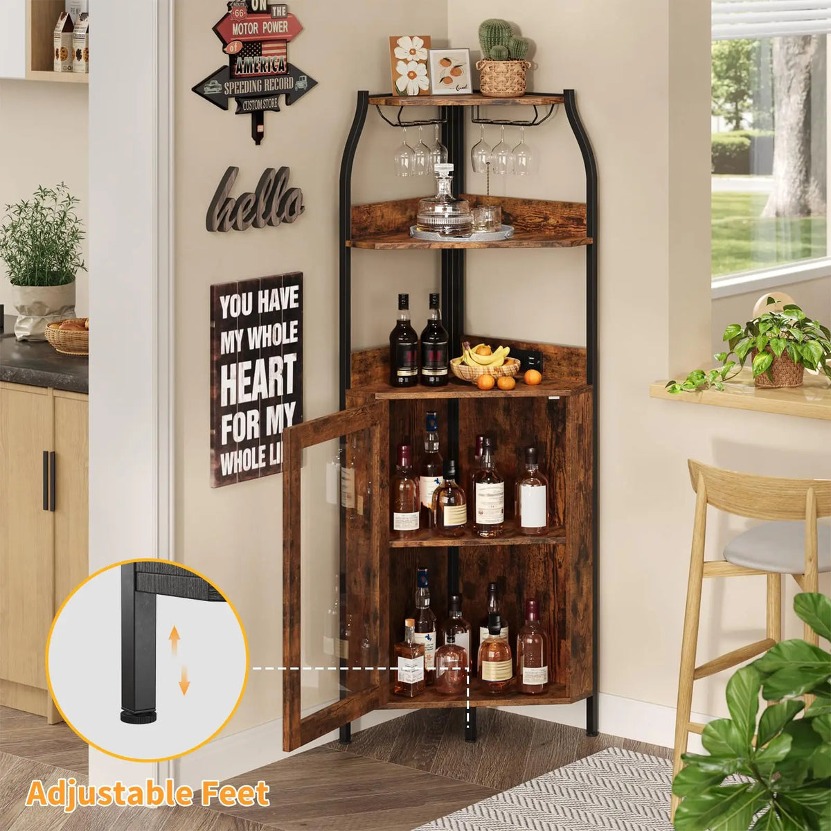Corner Bar Cabinet With Power Outlet And LED Lights, 5 Tier Industrial Wine Rack, Glass Holder Liquor Storage Display For Small Spaces