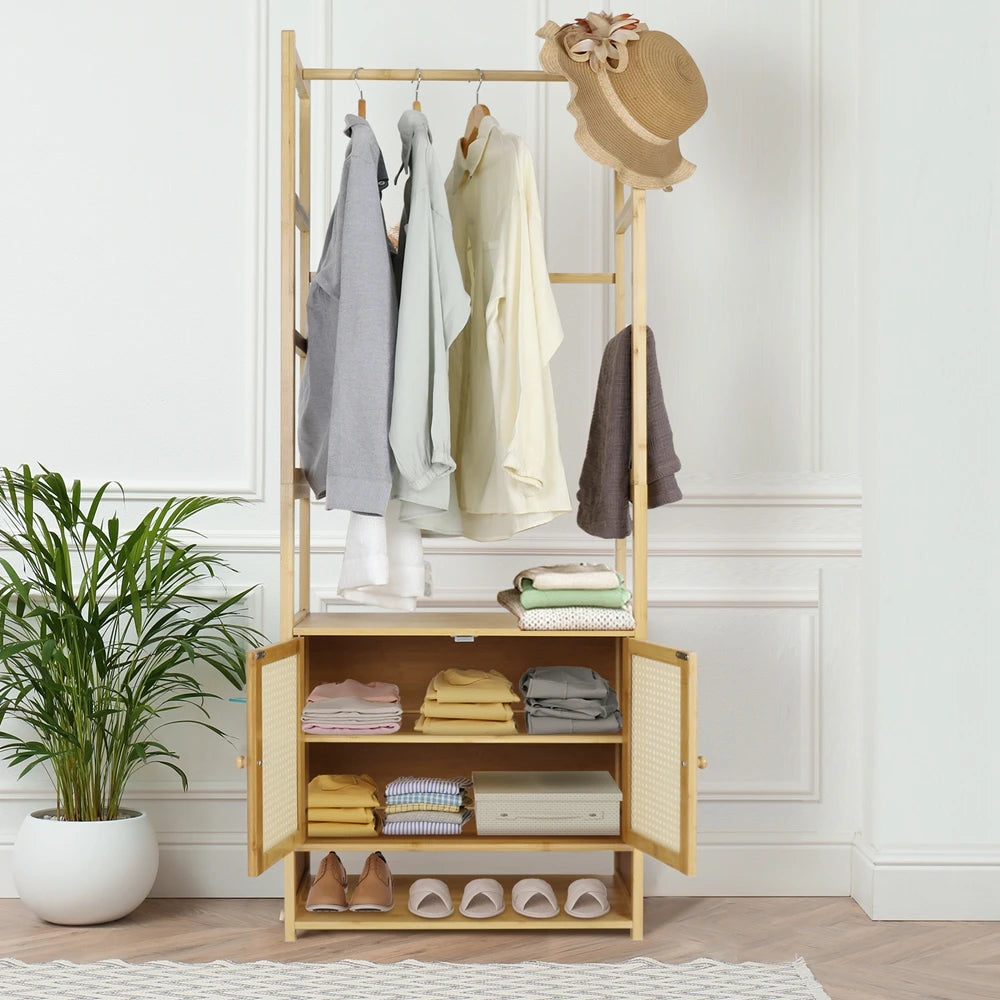 Free Standing Bamboo Clothes Rack Garment Coat Stand Shoe Storage Cabinet Shelf