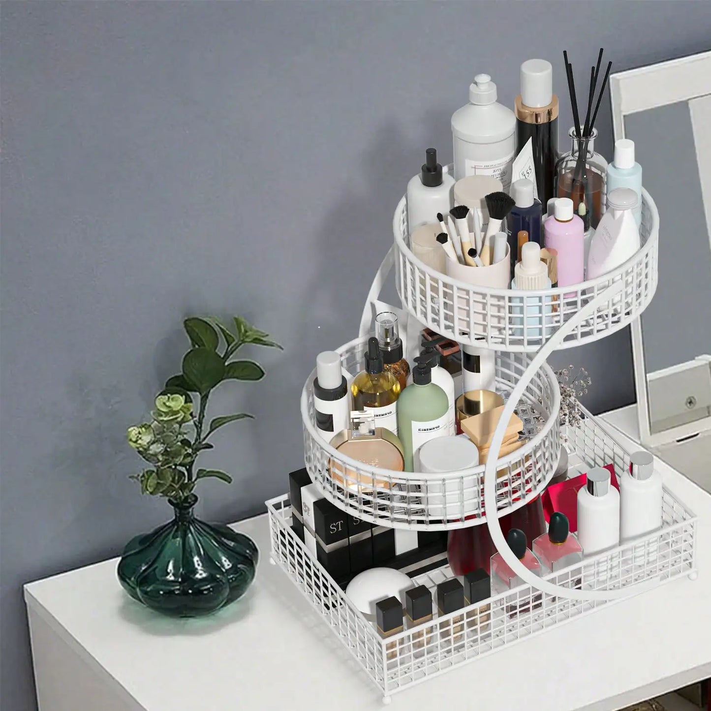 3-Tier Circular Metal Storage Rack, No Assembly Required Polished Cosmetics Organizer, Multi-Purpose Skincare Display Stand for Vanity Bathroom Kitchen Countertop