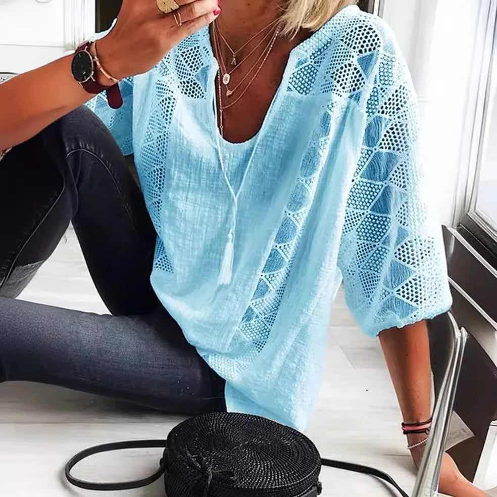 Women's Summer Cotton Shirt, Solid Color Casual Hollow U-Neck 3/4 Sleeve Lace Shirt, Women's Solid Color Lace Stitched Short-Sleeve T-Shirt, Loose Shirt, Women's Top, Short-Sleeve Loose Fit