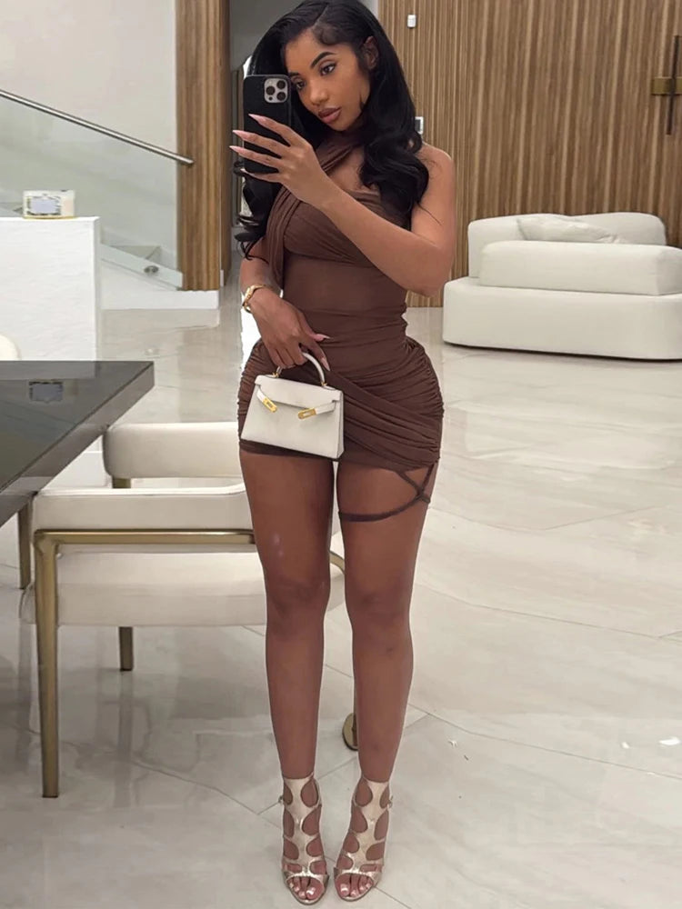XTOCEAN See Through Sexy Dress Women Y2K Cross Bandage Backless Halter Sleeveless Summer Trend Midnight Clubwear Mini Bodycon