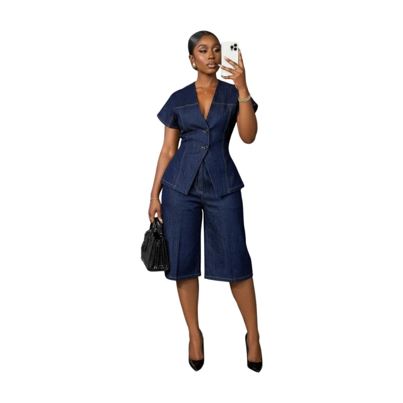 Women V Neck Short Sleeve Blazer Capri Pants Business Set
