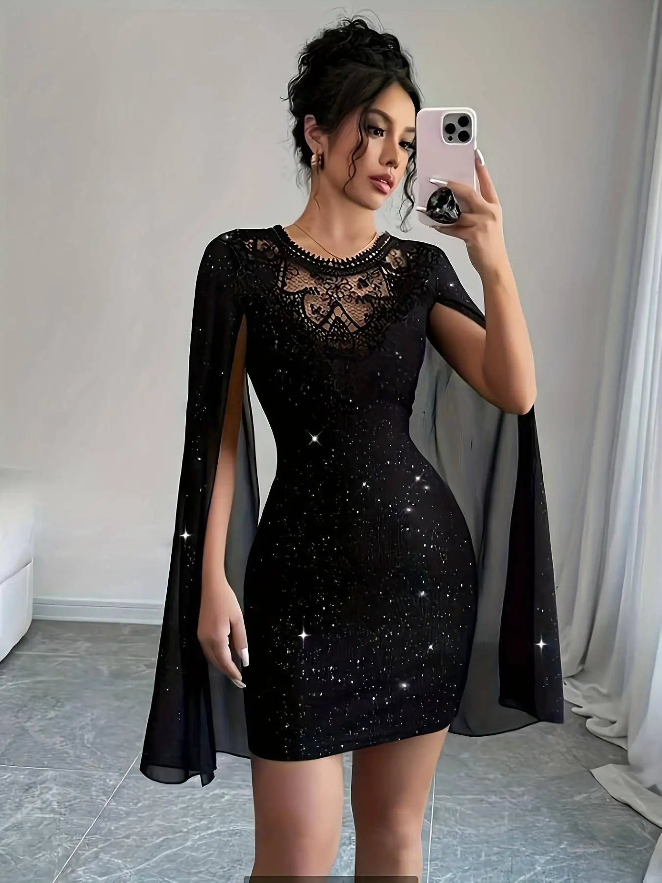 Women's Black Glitter Lace Cape Sleeve Party Dress