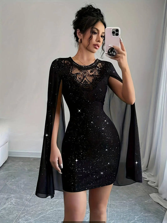 Women's Black Glitter Lace Cape Sleeve Party Dress