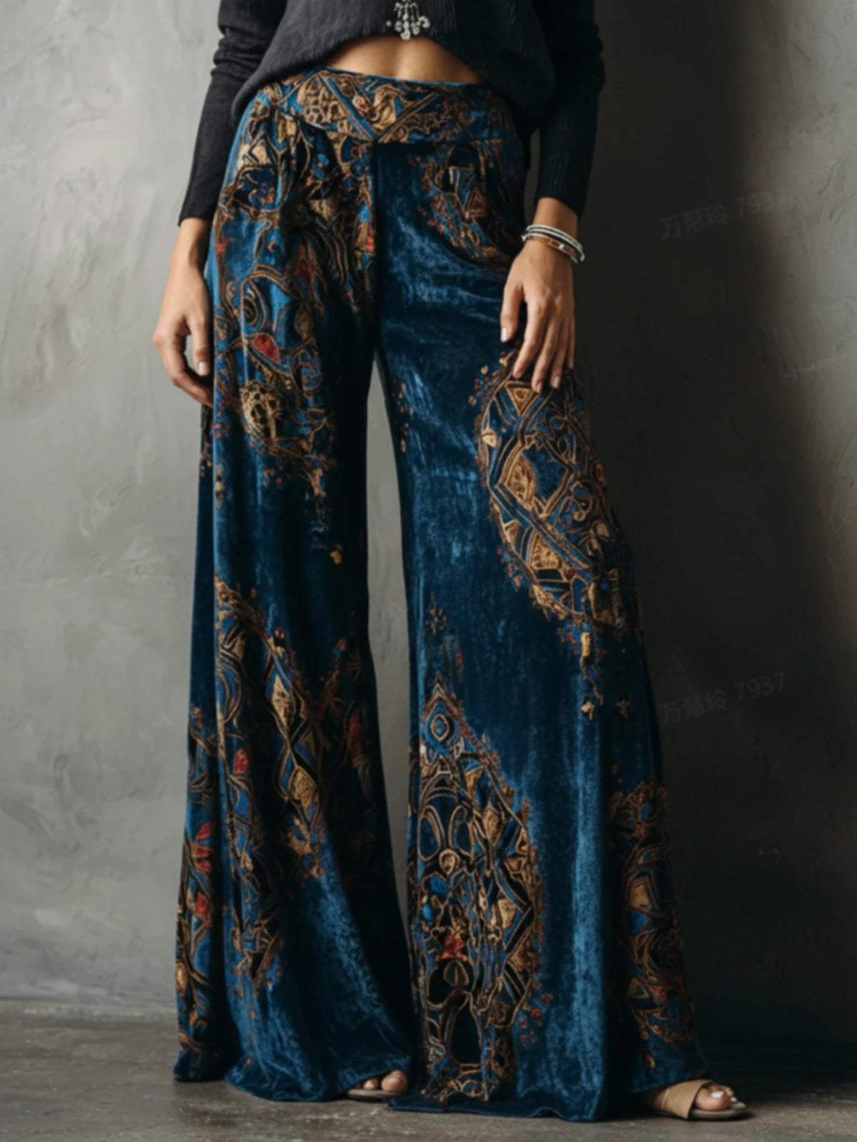 Vintage Geometric Print High Waist Wide Leg Pants For Women Retro Loose Flowy Floor Length Casual Trousers