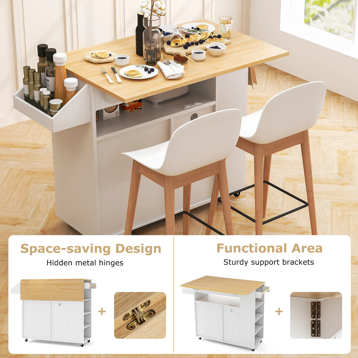Drop-Leaf Kitchen Island Cart w/ Power Outlet Wine Rack Glass Holder Drawer