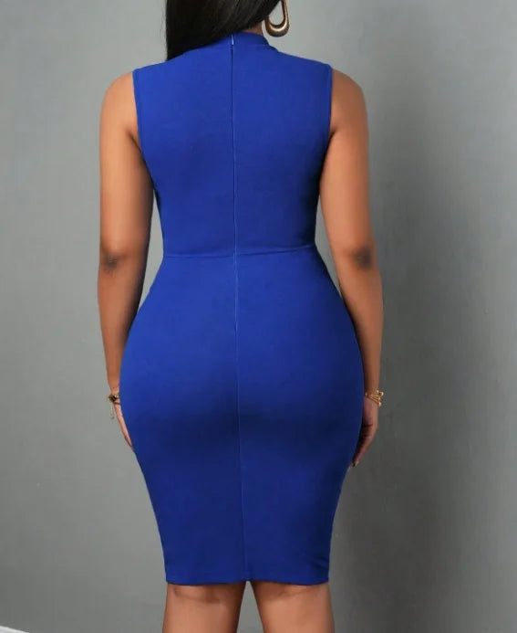 Women Elegant Sleeveless Bodycon Midi Dress With Stand Collar