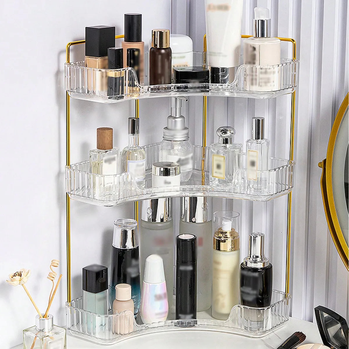 2/3 Tier Corner Makeup Organizer, Square Bathroom Countertop Storage Shelf, PET Large Capacity Cosmetics Box for Skincare Perfume Lipstick, Space Saver