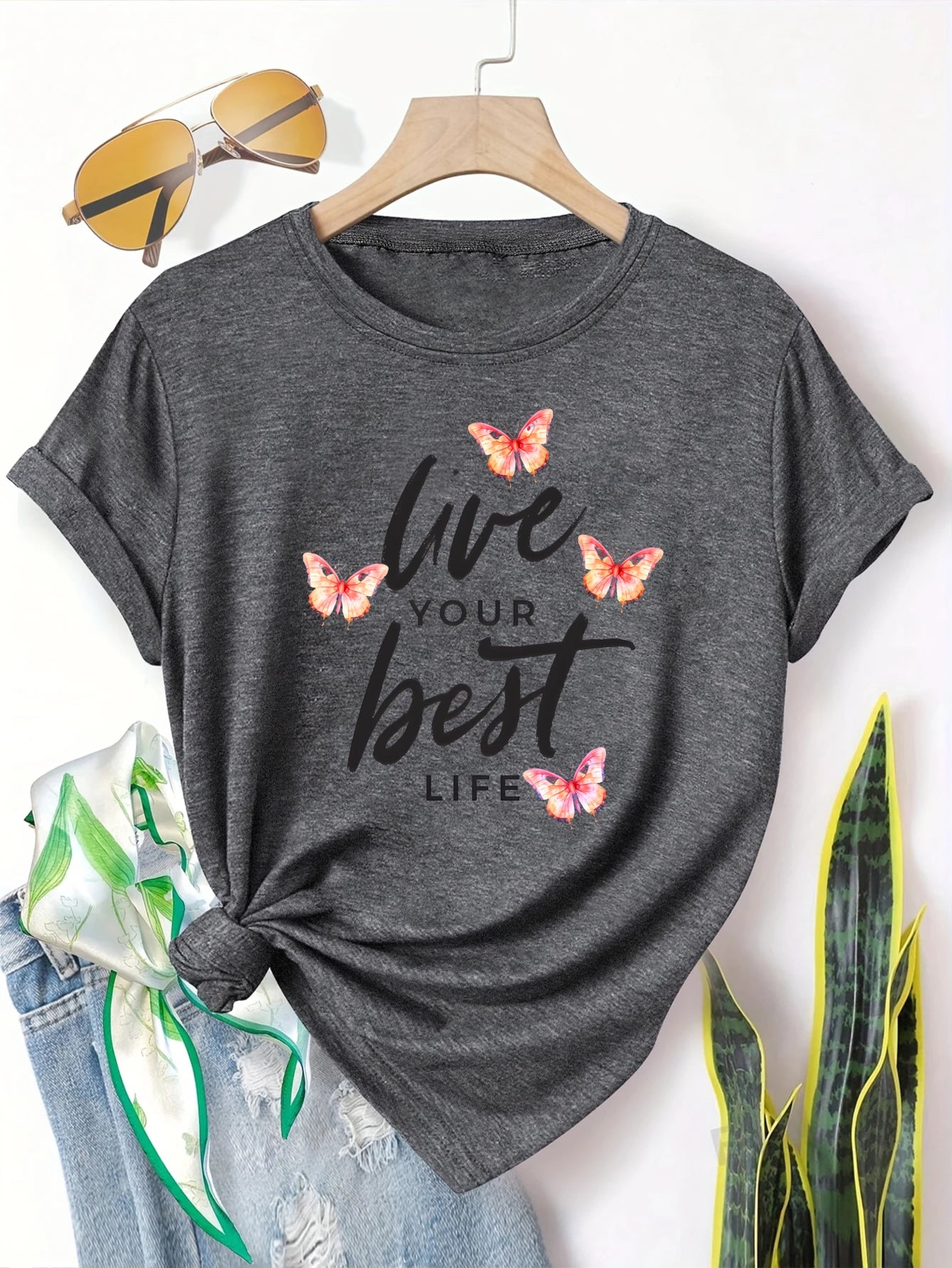 Plus Size Womens Short Sleeve T Shirt Butterflies Print