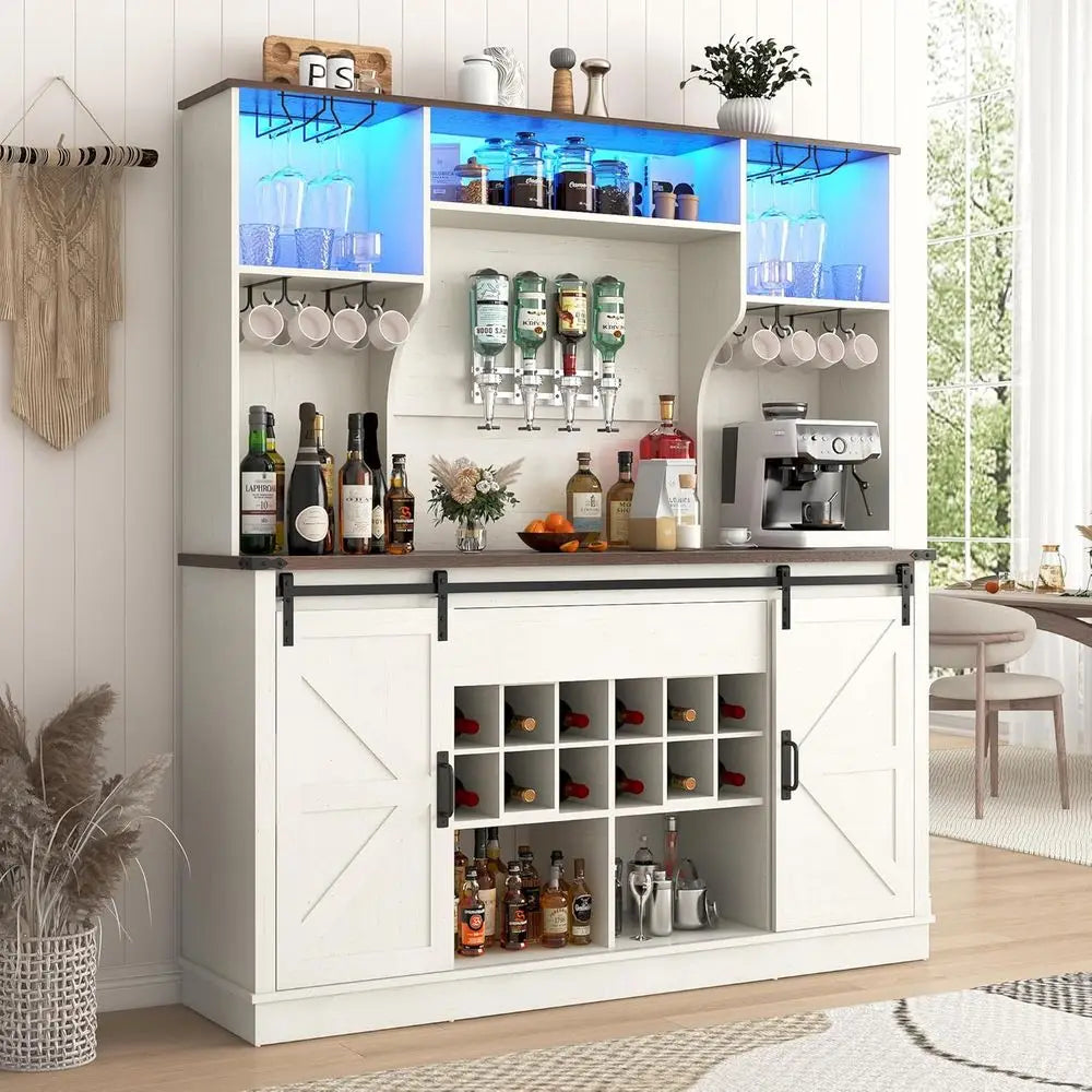 armhouse Coee Bar Cabinet with LED Light, Charging Station & Sliding Barn Do- 63"W x 71"H Large Wine Rack, Built-in Liquor Dispe