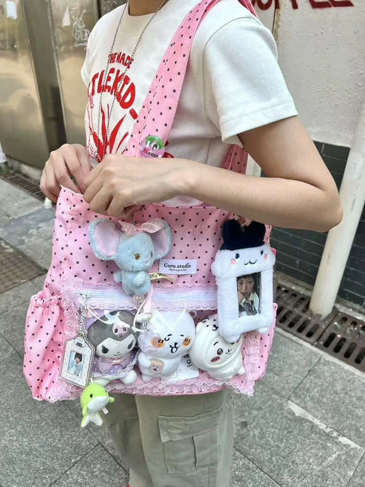 New Large Capacity Fashionable Polka Dot Canvas Shoulder Bag Casual Commuting Tote Bag Cute Hand Ulzzang Y2k Ita Bag for Girls