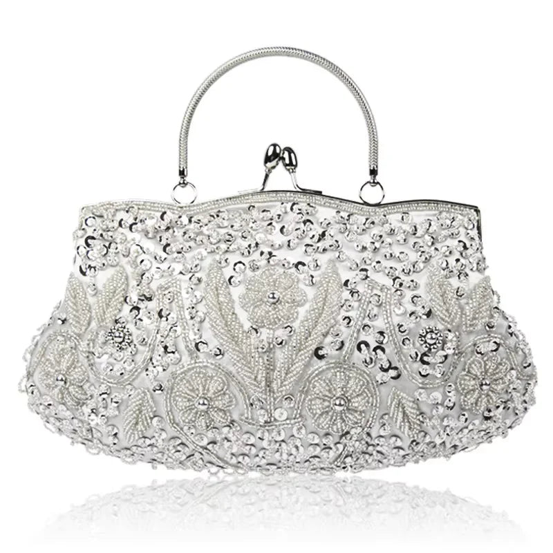 Womens Beaded Embroidered Clutch Bag With Shoulder Chain Party Purse