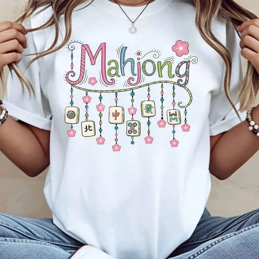 Women Mahjong Tiles Floral Cotton T Shirt Casual Loose Fit