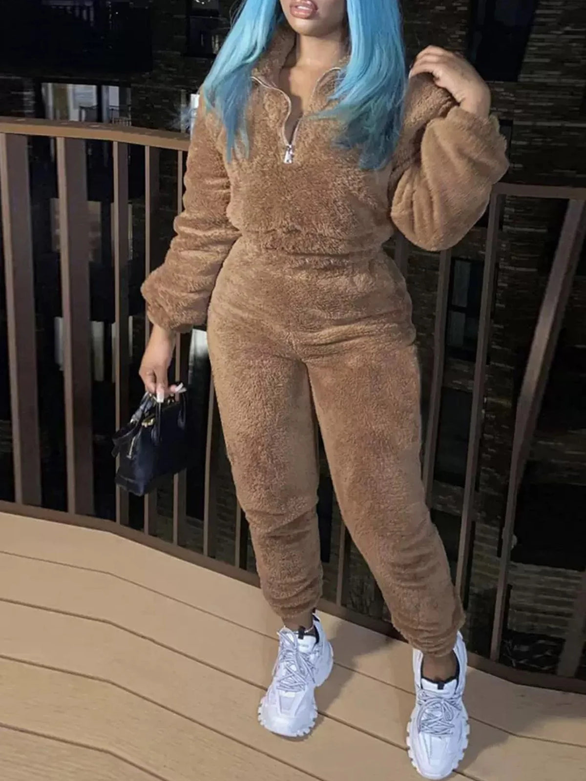 Women's Fleece Two Piece Set With Zipper Top And Pants