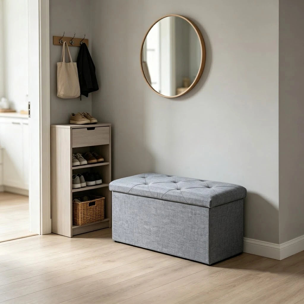Folding Storage Ottoman Bench and Cube, Gray Tufted Fabric Storage Chest Footrest Seat with 400 lb Capacity for Bedroom Entryway Living Room, Multiple Sizes