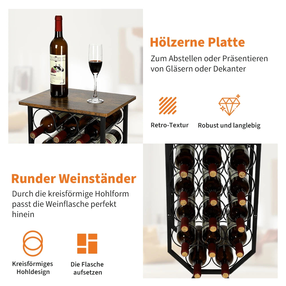 Industrial Freestanding Wine Rack with Wheels, Rustic Wood Top Metal Wine Storage Organizer, Mobile Floor Wine Holder for Bar , Kitchen Pantry & Restaurant Decor