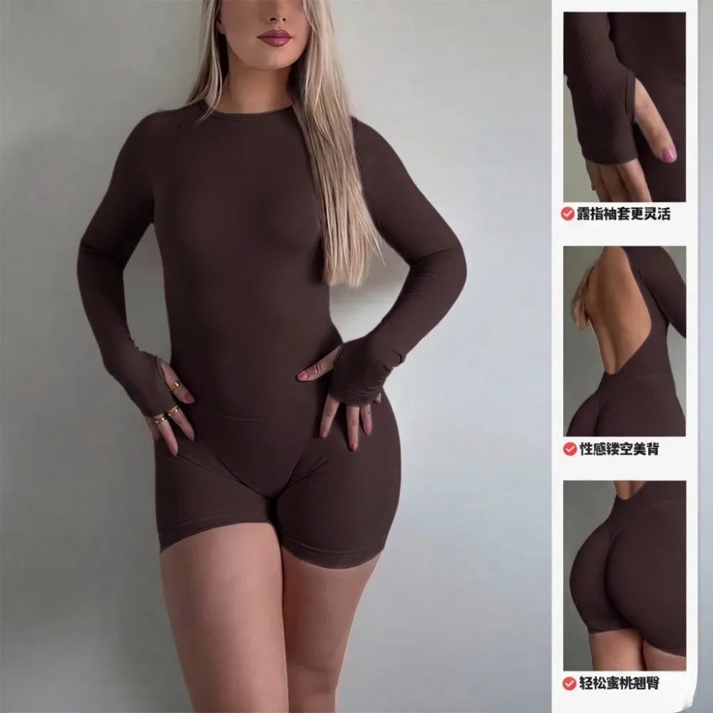Women Open Back Seamless Knit Yoga Jumpsuit Nylon Quick Dry