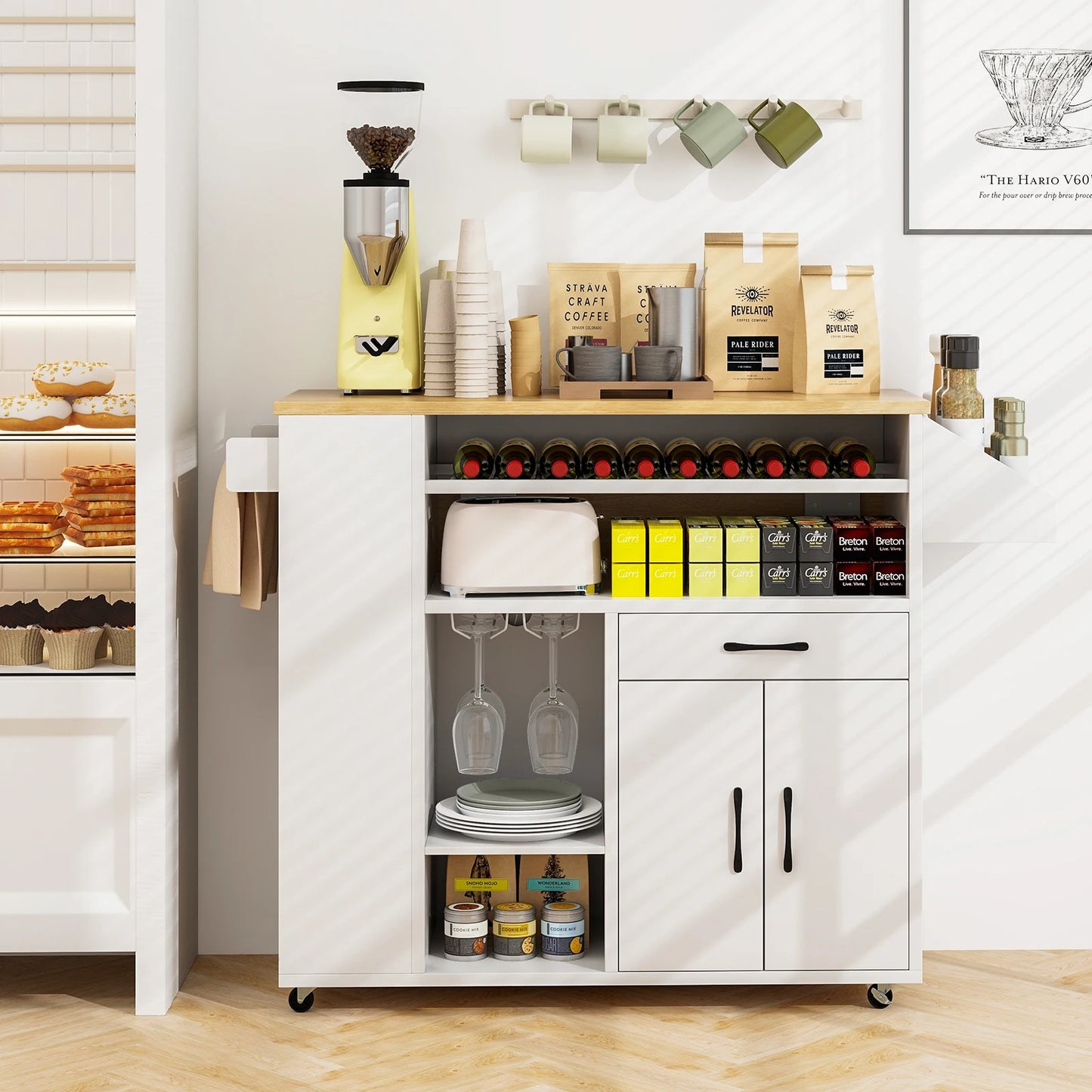 Drop-Leaf Kitchen Island Cart w/ Power Outlet Wine Rack Glass Holder Drawer