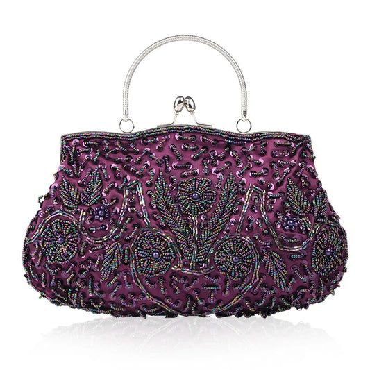 Handmade Beaded Floral Evening Clutch Purse With Kiss Lock
