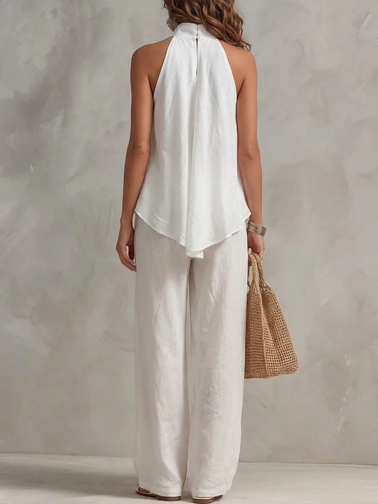 Women Halter Ruffle Top High Waist Wide Leg Pants Vacation Set