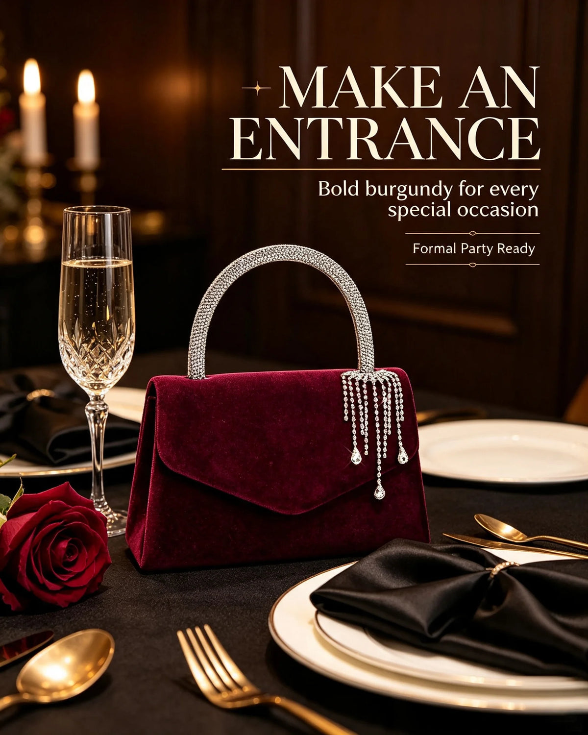 Women's Velvet Envelope Clutch With Rhinestone Tassel Pendant Bag