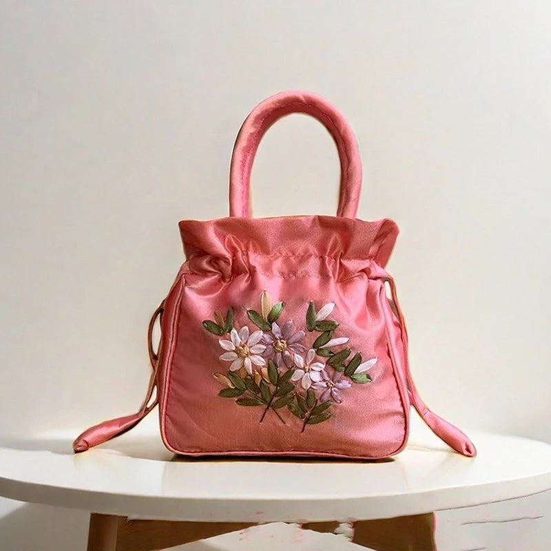 National Style Embroidered Flower Bucket Bag With Drawstring