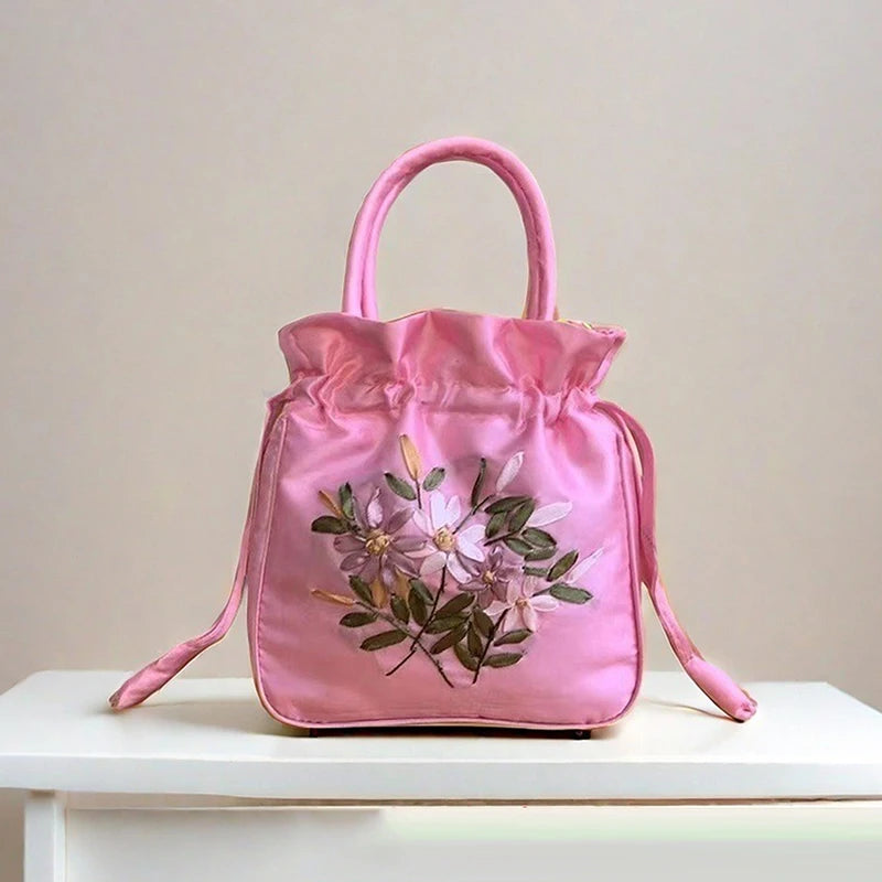 National Style Embroidered Flower Bucket Bag With Drawstring
