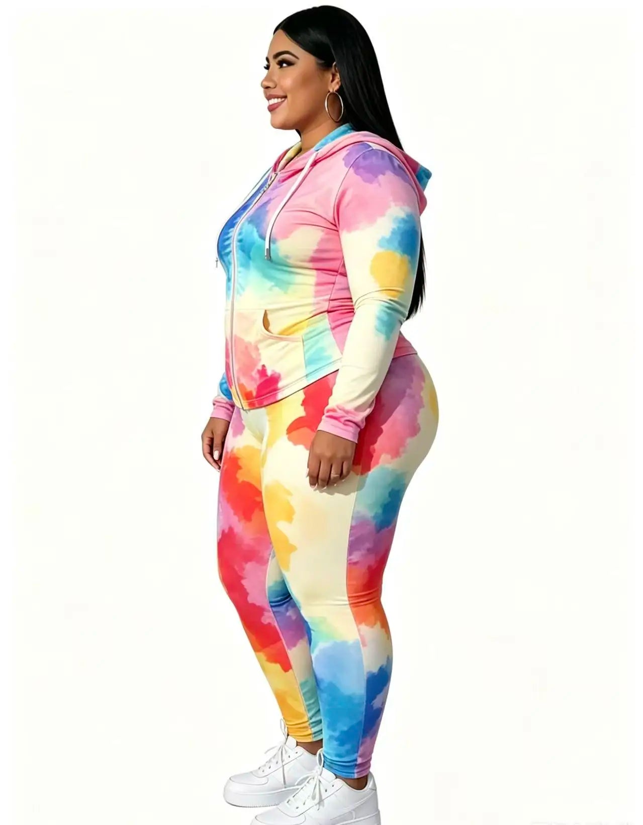 Zip-Up Hoodie And Skinny Pants Two-Piece Set With Tie-Dye Pattern