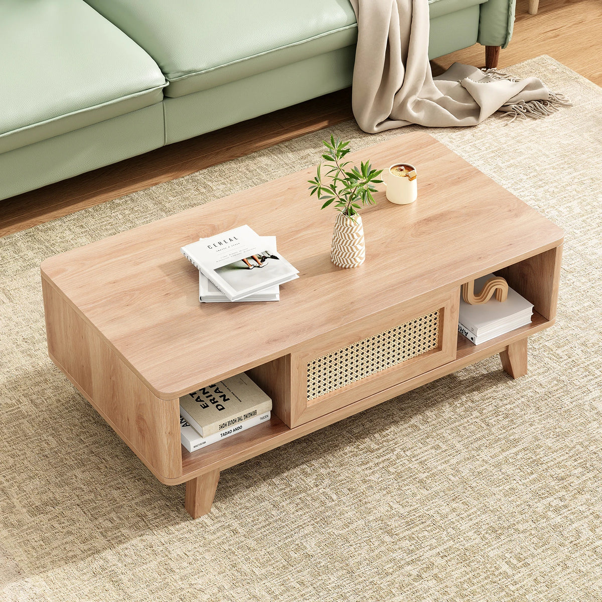 Farini Mid Century Modern Coffee Table with Rattan Drawer, Wood Storage Table for Living Room, Farmhouse Home Furniture