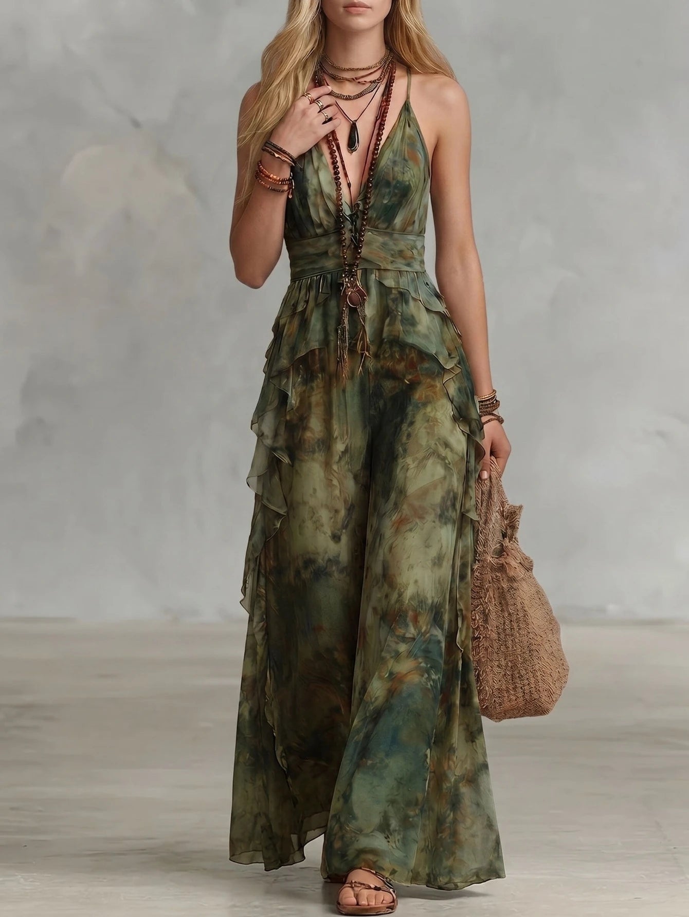 Women Spaghetti Strap Maxi Dress Deep V Neck Ruffle Trim Waist Tie Up Bohemian Style Sleeveless Long Dress Vacation Daily Party Outfit For Women