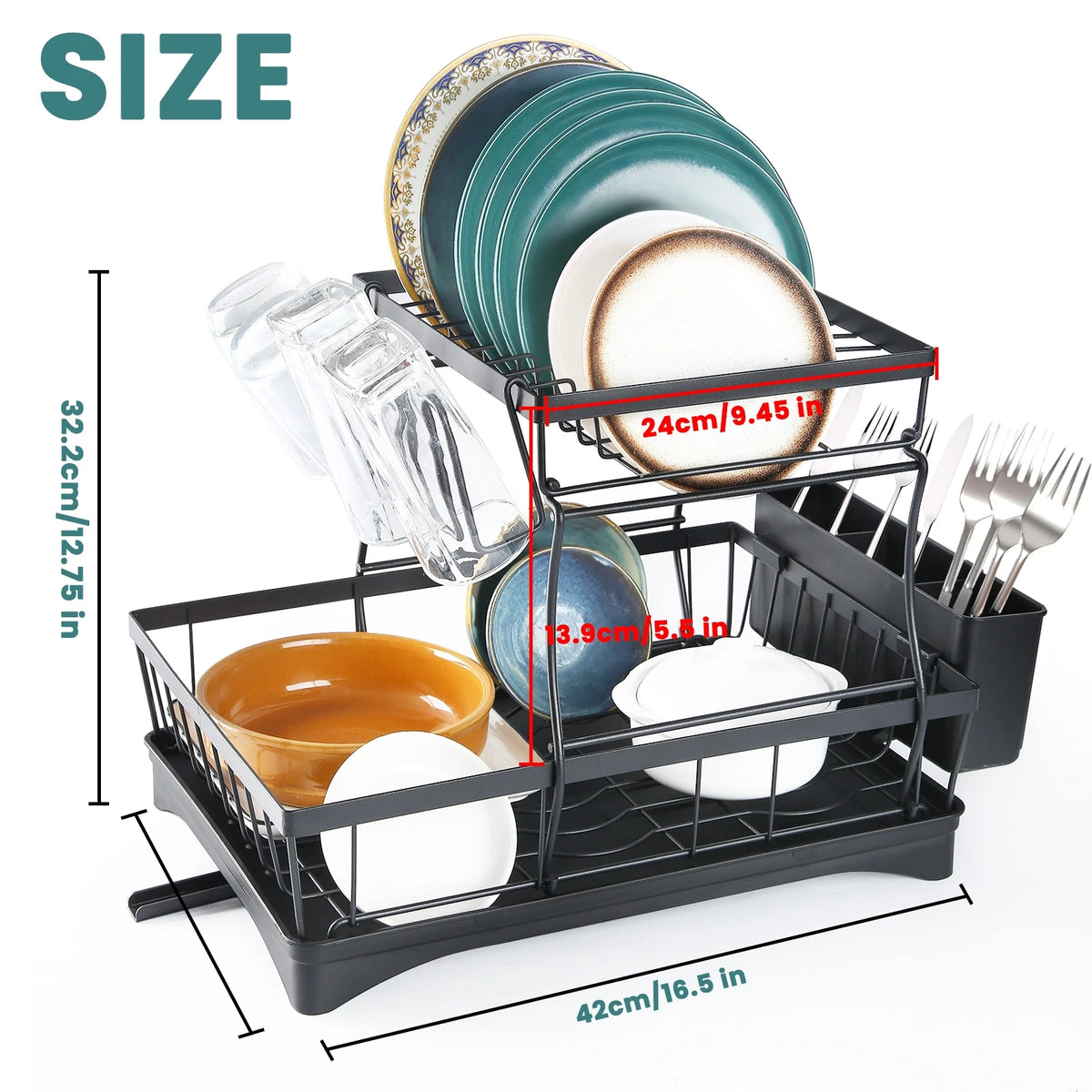 Kitchen Storage Rack, 2 Tier Dish Drainer with Drip Tray and Drainer Mat,with Utensil Holder, Swivel Spout, Draining Board