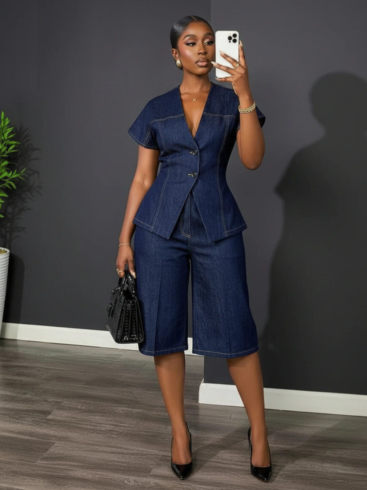 Women V Neck Short Sleeve Blazer Capri Pants Business Set