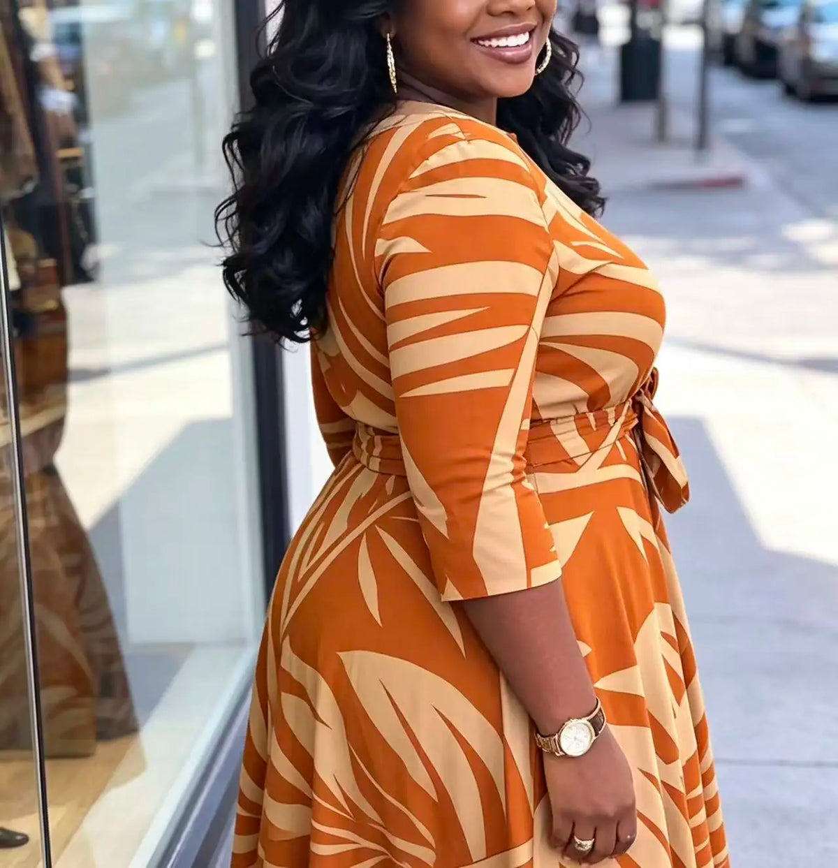 Women's Orange Palm Leaf Print Midi Dress With Pockets