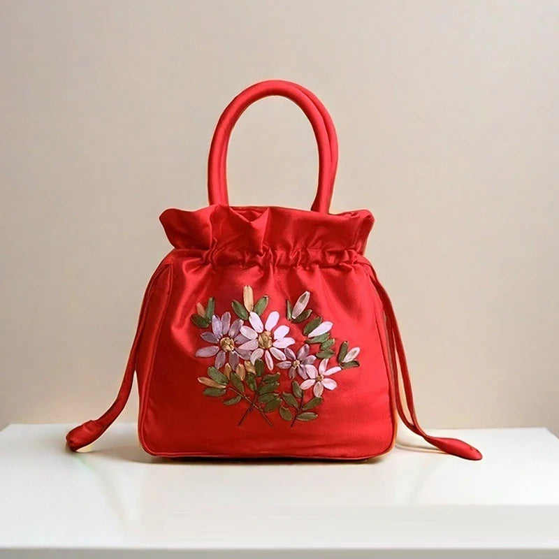National Style Embroidered Flower Bucket Bag With Drawstring