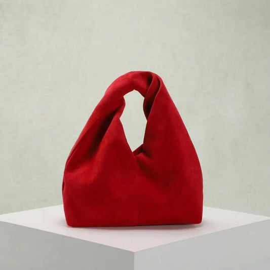1Pc Red Suede Twisted Handle Tote Bag, Soft Faux‑Suede Handbag, Minimalist Knot Top‑Handle Shoulder Bag, Women Casual Daily Shopping Hand Purse, Fashion Reusable Underarm Bag For Women Street‑wear