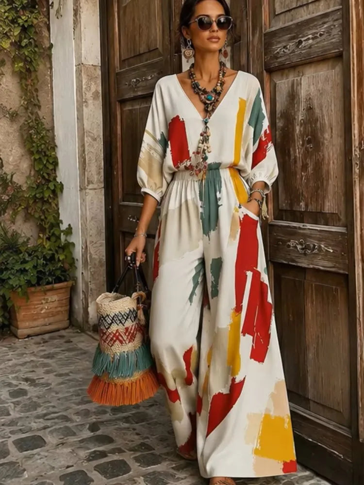 Women's Ethnic Print V Neck Suit With Wide Leg Pants