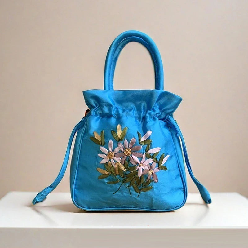 National Style Embroidered Flower Bucket Bag With Drawstring