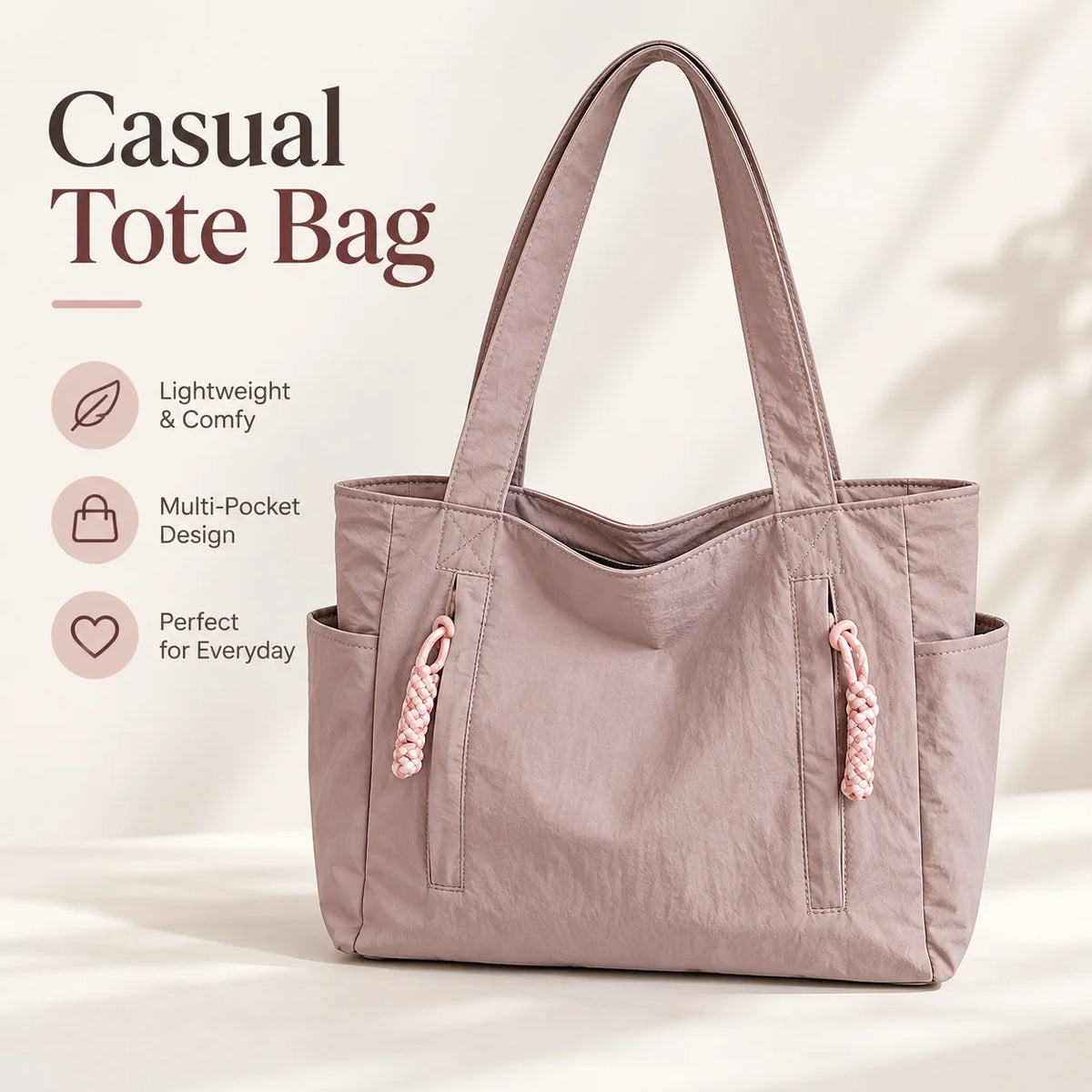 Lightweight Tote Bag for Women, Casual Shoulder Handbag with Multiple Pockets, Adjustable Strap, Zipper Closure & Tassel Detail, Spacious Everyday Purse for Work, Shopping, Commuting, Travel & Daily Outings