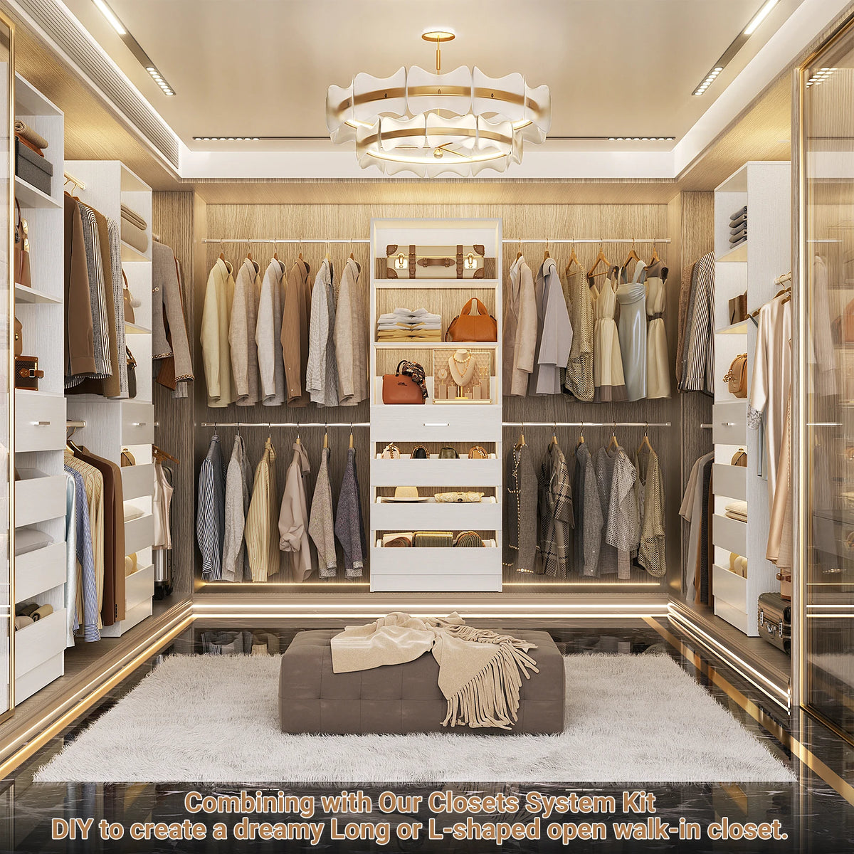 4-9Ft Closet System with 4 Wooden Drawers, Walk-in Closet Organizer Wardrobe Clothes Rack with 4 Hanging Rods, Garment Rack