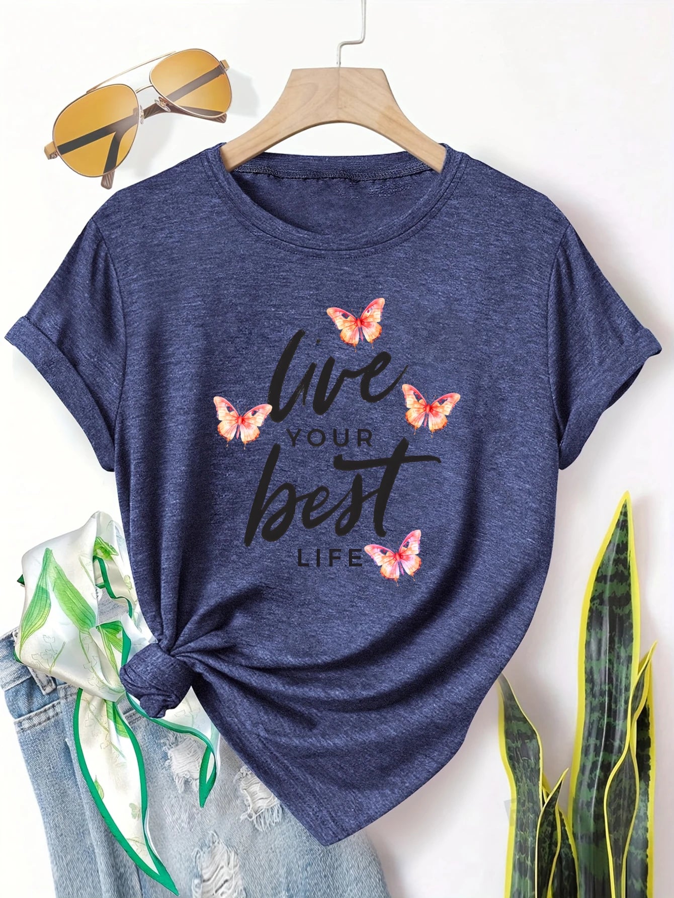 Plus Size Womens Short Sleeve T Shirt Butterflies Print
