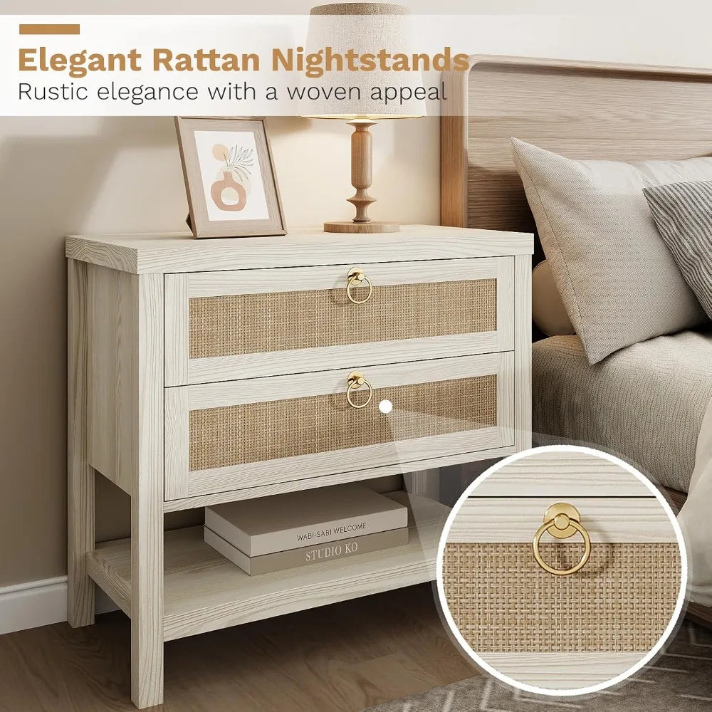 Large White Rattan Nightstands Set of 2, Boho Style with Drawers & Storage Shelf Bedroom Bedside End Table, Custom