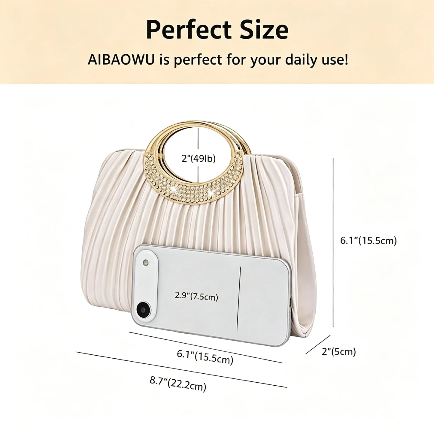 Pleated Rhinestone Metal Ring Handle Clutch With Crossbody Chain