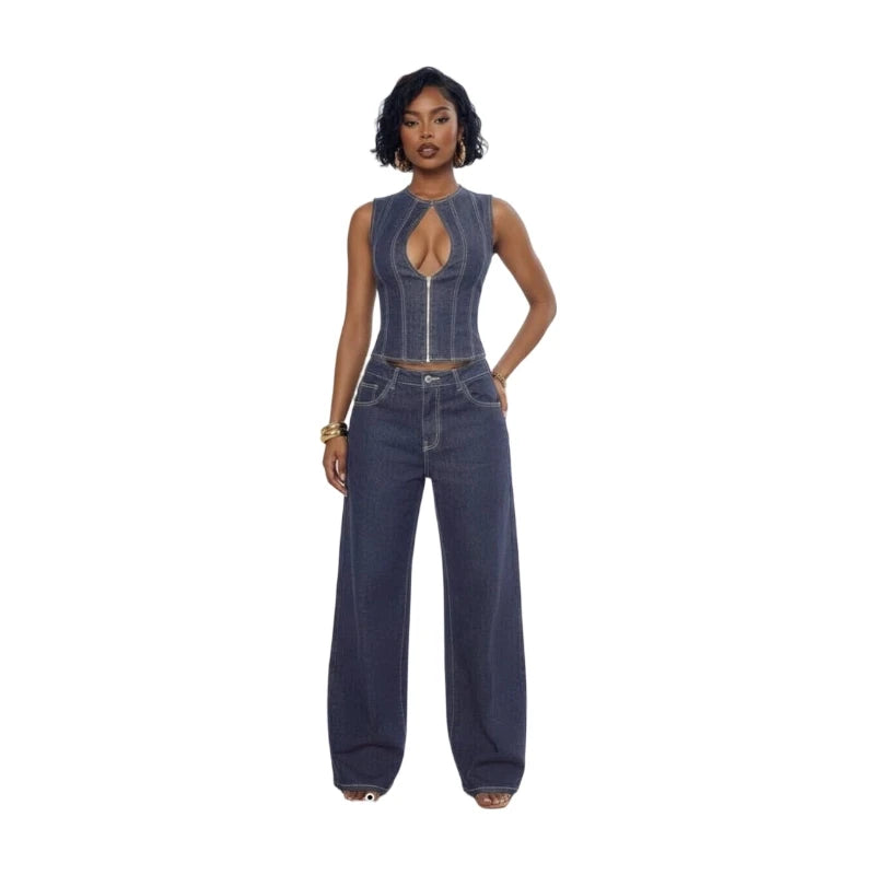 Women Sleeveless Keyhole Neck Crop Top + High Waist Wide Leg Pants Outfit Set For Street Hangout Daily Social Occasion Dressing