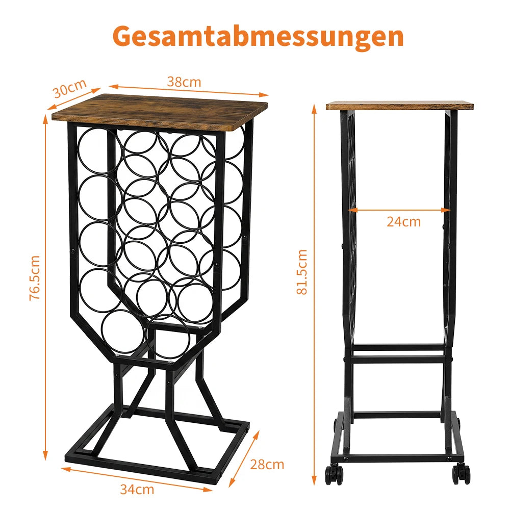 Industrial Freestanding Wine Rack with Wheels, Rustic Wood Top Metal Wine Storage Organizer, Mobile Floor Wine Holder for Bar , Kitchen Pantry & Restaurant Decor