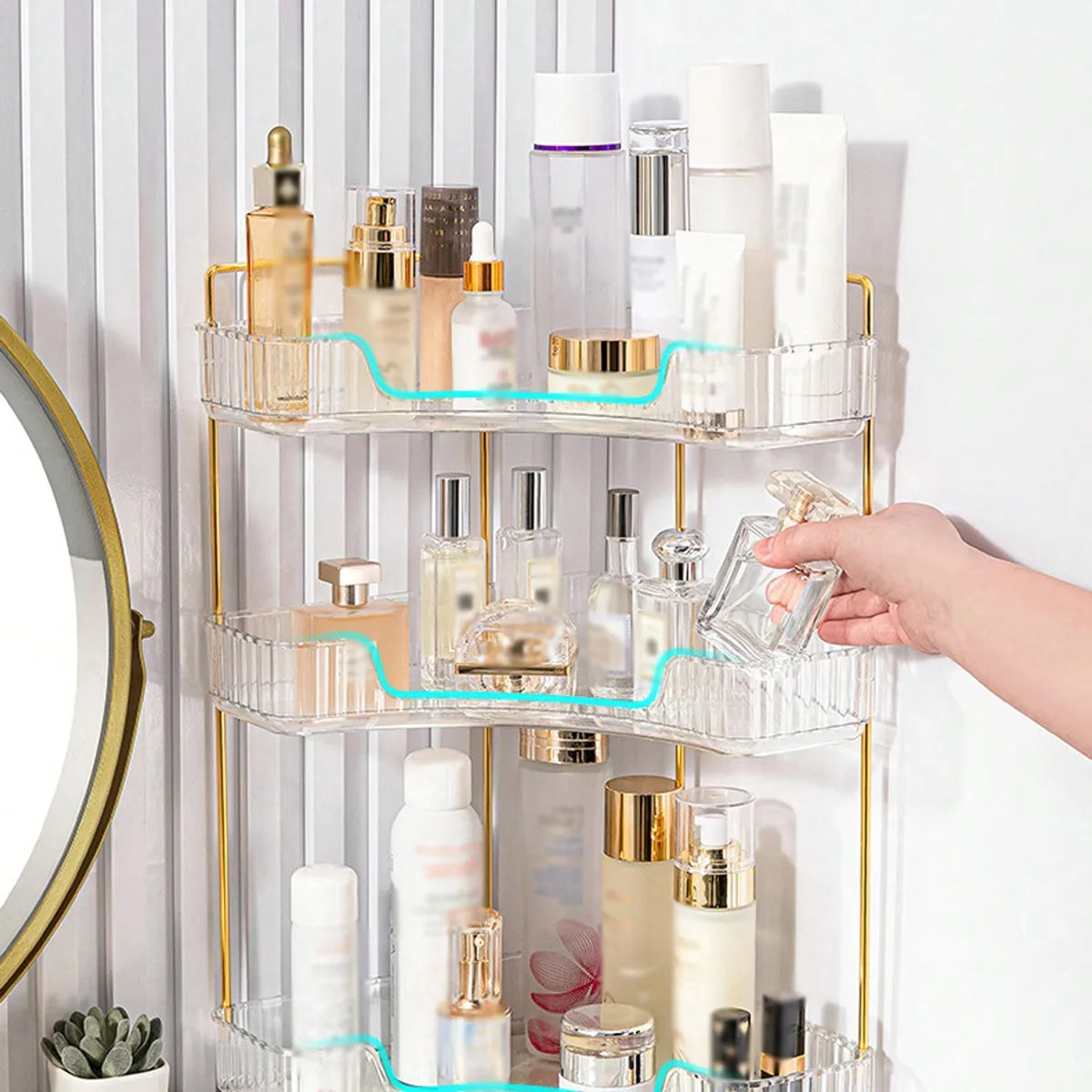 2/3 Tier Corner Makeup Organizer, Square Bathroom Countertop Storage Shelf, PET Large Capacity Cosmetics Box for Skincare Perfume Lipstick, Space Saver