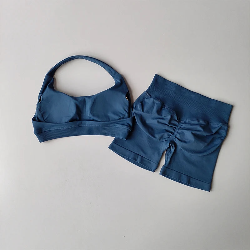 Halter Neck Sports Bra Shorts Set For Yoga Pilates
