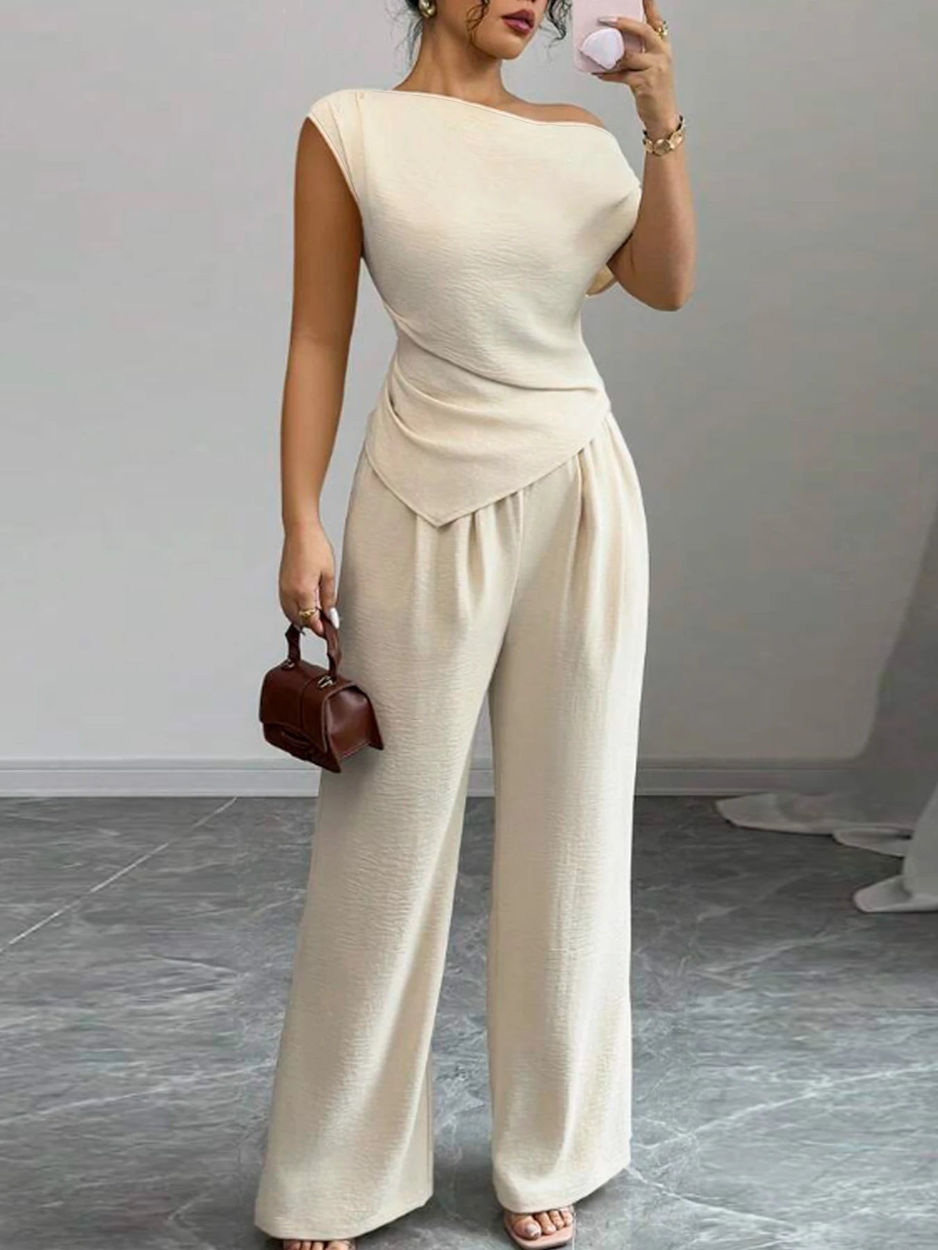 Elegant Pure Color Asymmetric Top And Wide Leg Pants 2 Piece Set